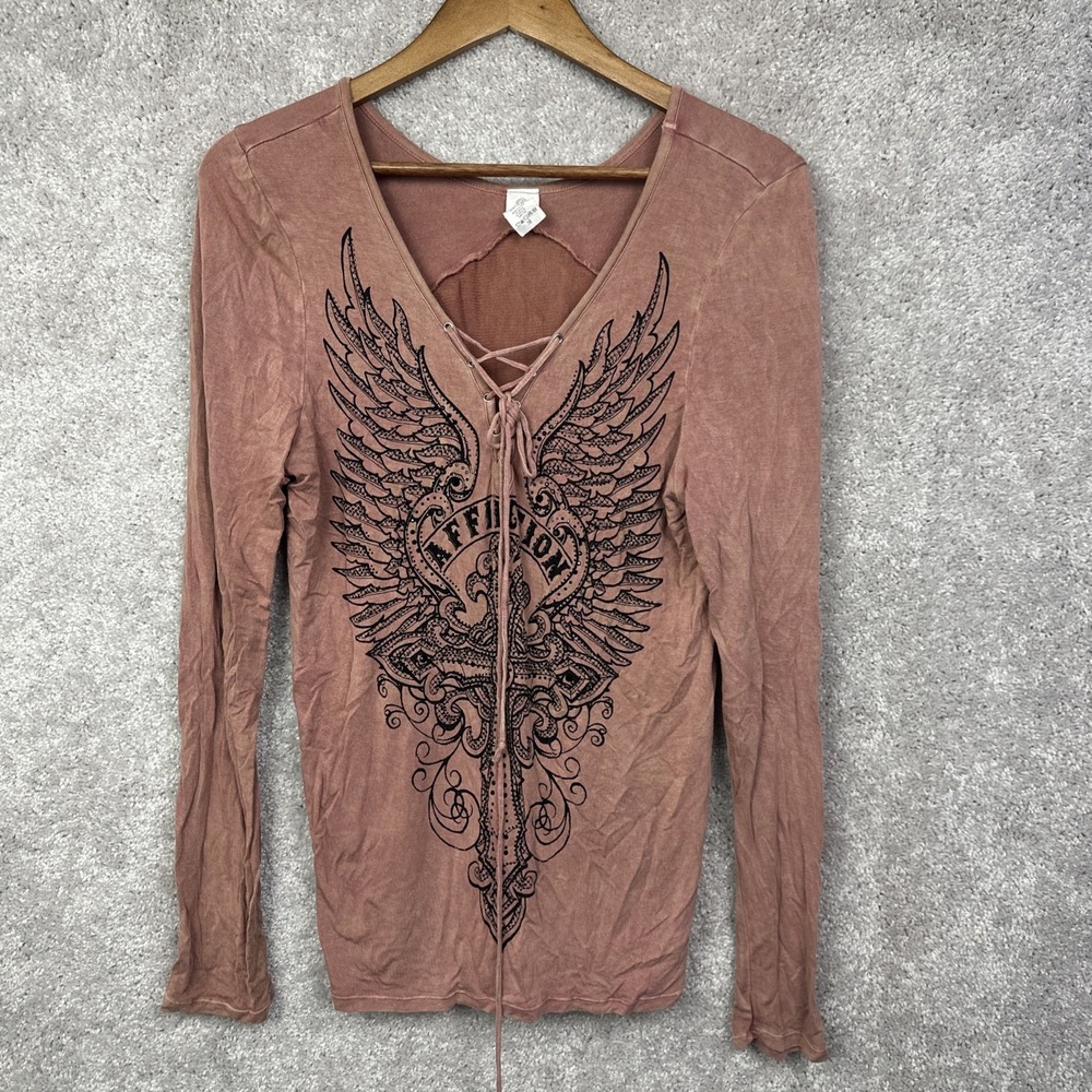 Affliction Live‎ Fast Raglan Shirt Womens Size Medium Thin Stitching Distressed